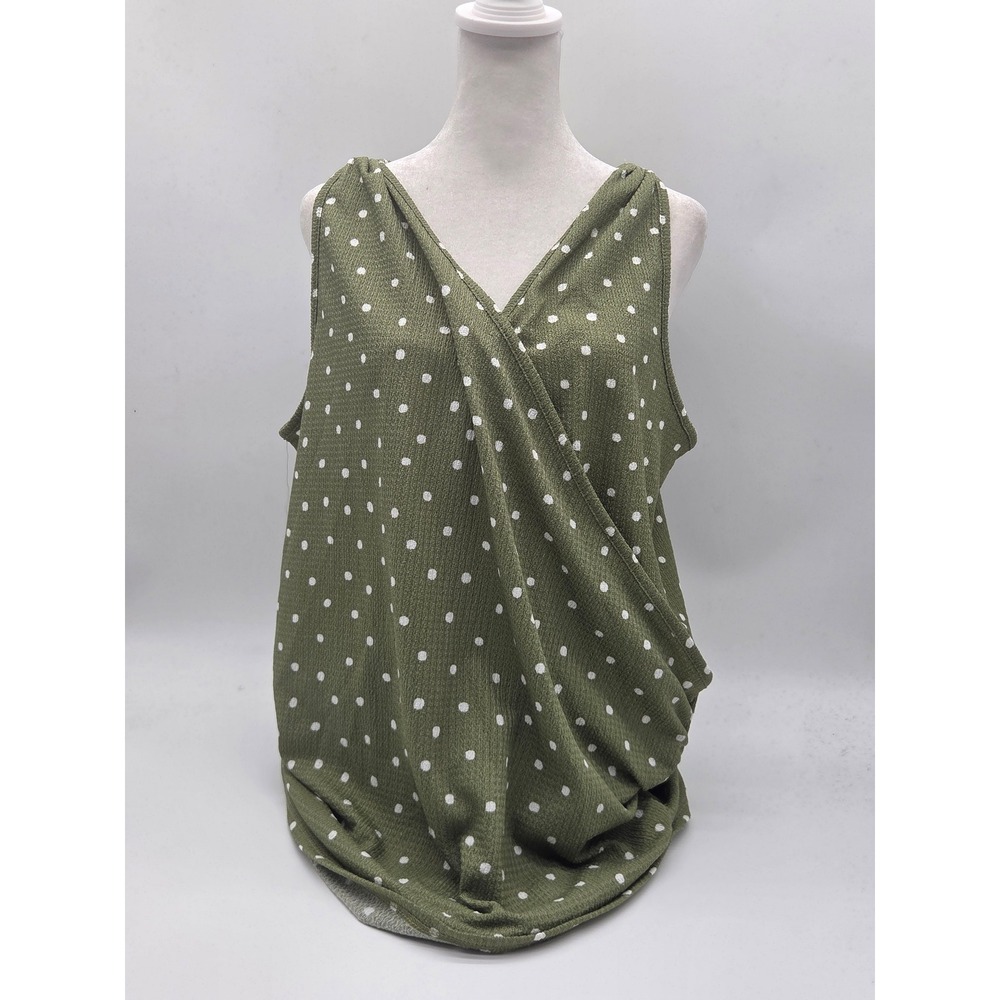 Loveappella Women's 1X Olive Green White Polka Dot Surplice Top 101-413